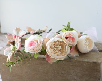 Pink cream peach greenery organic headband halo flower crown child adult boho