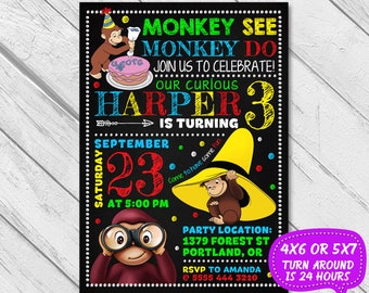Curious George invitation, Curious George birthday invitation, Curious George party invitation, Curious George chalkboard invitation, Monkey