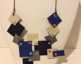 Navy multi color leather mosaic short necklace