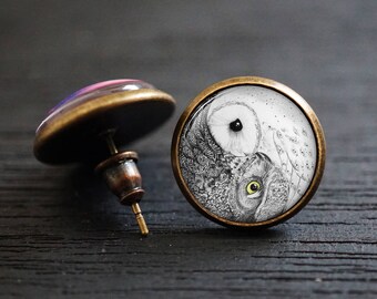 Yin Yang Owl , Yin Yang Earrings, Owl Earrings, Owl Yin Yang Black and White