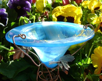 BIRD and BUTTERFLY FEEDER, Office Garden Gift, stained glass, Aqua, copper garden art, Garden Stake