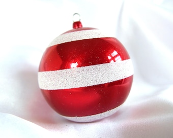 Red Plastic Ornament; Large Vintage Round Ornament with Silver Glitter Stripes and Tinsel
