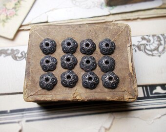 Rustic Oxidized Bead Caps - 12 Dark Patina Silver Tone Scalloped Disc Caps - 8mm - Age Worn Dark Primitive Textured Bead Caps - blastoise