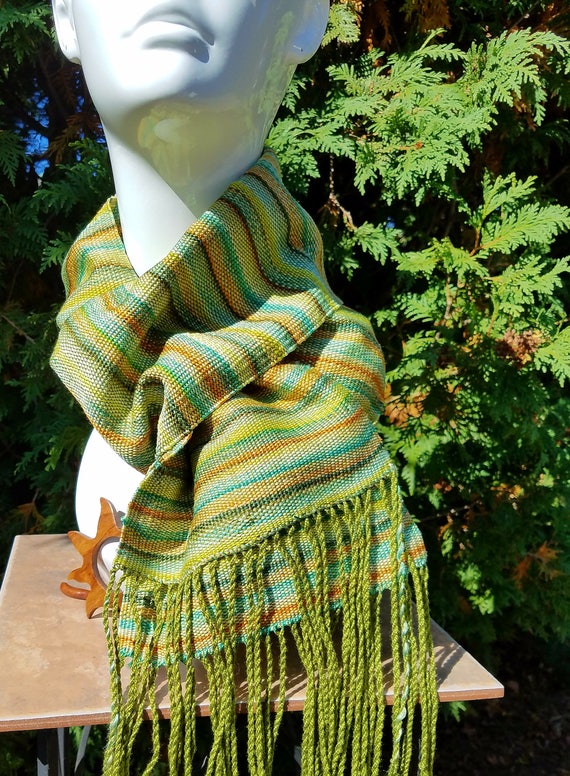 Handwoven Spring Scarf Handpainted Green Yellow Teal Brown