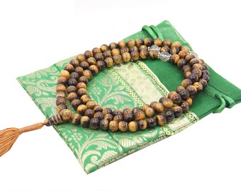 Tibetan Buddhist Genuine Tiger Eye Mala / Rosary 108 Beads / Free Pouch
