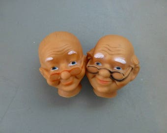 Doll Head Old Man and Woman Pair Grandpa Bald Grandma Painted Face Craft Destash Vintage Craft Supplies Set