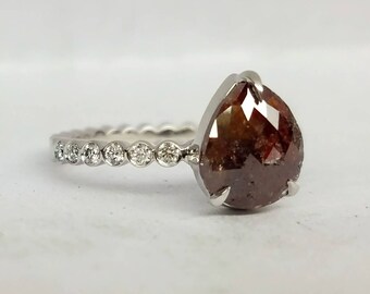 Rose cut brown diamond ring. Raw rose cut chocolate color diamond ring. Pear shape diamond engagement ring, Teardrop diamond ring.