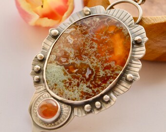 Nebulas - Handcrafted Moss Agate Lotus Flower Silver Necklace, Linear Textured Silver Metalwork, Silver Granules, Carnelian Pendant