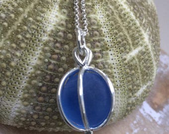elegant cobalt blue etched glass marble necklace, silver faux sea glass necklace, silver blue glass marble necklace, glass marble necklace