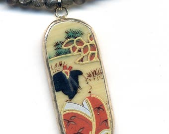 Labradorite Necklace Geisha Necklace Ming Pottery Necklace Romantic Oriental Necklace Recycled Porcelain Jewelry Romantic Gift for Her