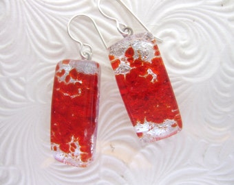 Red Shimmer Dichroic Dangles, Handmade Fused Glass Jewelry from North Carolina