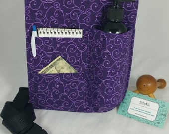 Massage Therapy single 2 side pocket RIGHT hip holster, purple scroll, black belt