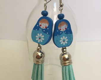 Blue tassel russian nesting doll earrings