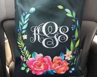 Classy Black Floral Monogrammed Car Trash Bag Car Organizer Custom Car Trash Can Floral Classy Black Personalized Car Accessories Car Decor