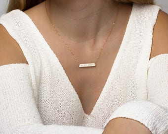 Personalized Bar Necklace Gold Engraved necklace Name Nameplate Necklace Roman numerals Wedding date necklace Coordinates necklace Kids name