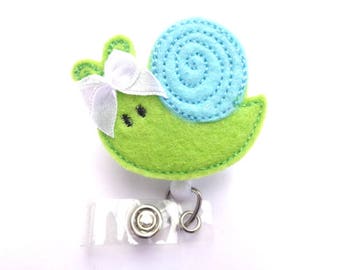 SALE - Badge Holder Retractable - Snail - lime green and aqua badge reel - nurse badge reel medical staff student nurse teacher