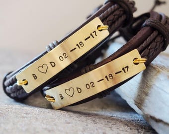 Matching couples Bracelet, matching bracelets, Brown LEATHER Couples bracelet 1st Anniversary Gift Personalized couples bracelet Custom gift