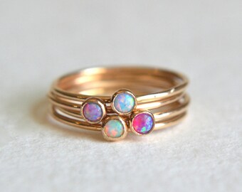 Set Four Opal Gold Filled Rings, Gold Opal Ring, Opal Ring Gold, Gold Blue Opal Ring, Gold Pink Opal Ring, Gold Purple Opal Ring, Stackable