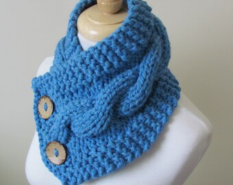 Knit Neck Warmer, Cable Knit Scarf, Chunky Warm Winter Scarf in Sky Blue 6" x 25" - Coconut Shell Buttons Ready to Ship - Direct Checkout
