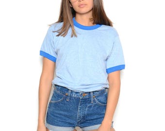 Vintage 80's Screen Stars Heather Blue Ringer Tee Sz L