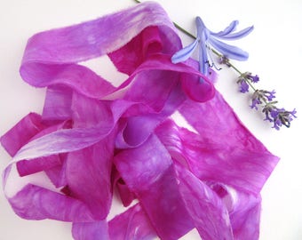 Hand Dyed Silk Ribbon - Raw Edged Ribbon - Felting - Pink and Purple Berries