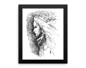 Framed Wall Art "The Young Queen". Framed Art, Framed Prints, Drawing Print, Drawing of a Woman