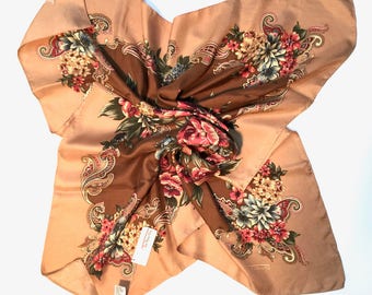 Vintage Talbots NWOT 100% Silk Twill Scarf floral paisley design - warm rose, brown colours