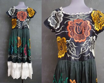 Vintage Mexican Dress Frida Kahlo Satin Floral Lace Skirt Chiapas Maxi