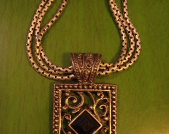 RESERVED Angie Vintage Black and Silver tone Necklace with Square Pendant