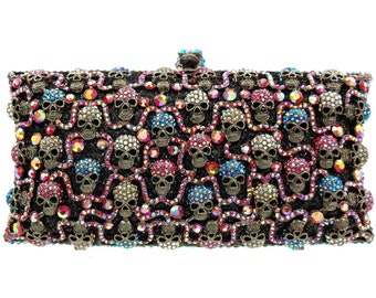Handmade full crystal AB Black Skull stones Luxury clutch evening party purse