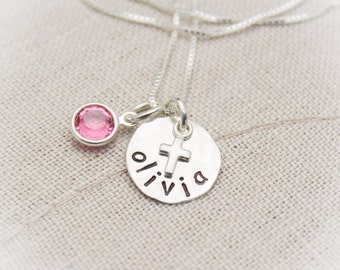 SALE Cross Necklace for Confirmation or First Communion Tiny Sterling Silver Personalized Hand Stamped Jewelry