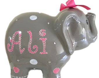 Personalized Large Gray Elephant Piggy Bank White & Pink Polka Dots - Newborns, Birthday Girls, Flower Girl, Baby Shower Gift Centerpieces
