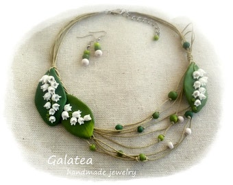 Lily of the Valley necklace May-Lily jewelry set Wedding necklace Woodland jewelry White blossoms Bridal necklace Bridal showers gift Mom's