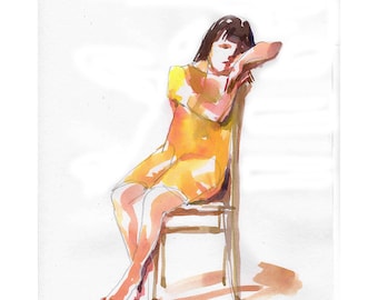 Girl Sitting on Chair original illustration painting watercolor figurative people