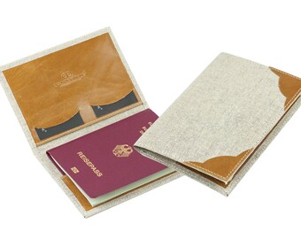 Passport case in a linen/leather combination