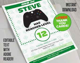 Video Game Invitation with FREE Thank you Card!- INSTANT DOWNLOAD - Video Game Party (Green) - Edit and print at home with Adobe Reader