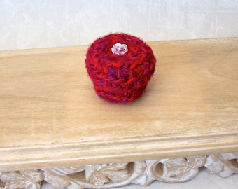 Little Red Basket - Czech Glass Rose Button Embellished Silk Tapestry Basket with Lid - Valentine's, Mother's Day, Wedding Anniversary Gift