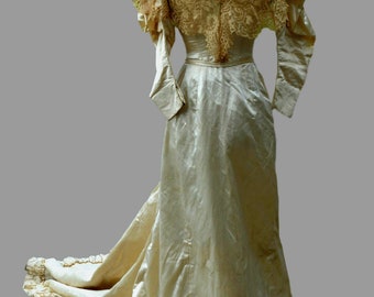 1890ies French Satin and Lace Wedding Dress with Train