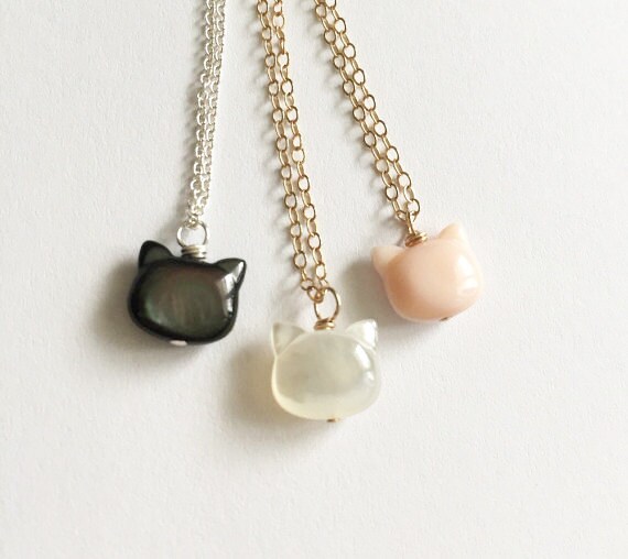 Mother Of Pearl Cat Necklace Tiny Cat Necklace Cat Pendant