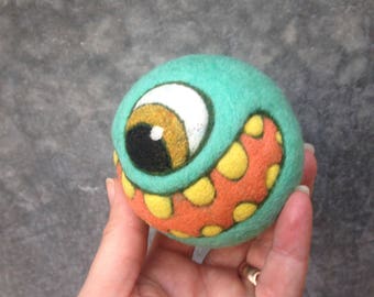 Needlefelted Happy Monster Jinge Ball with Bell Ready to Ship