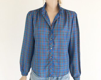 Vintage 80's Plaid Cotton Ruffle Blouse. Size Small