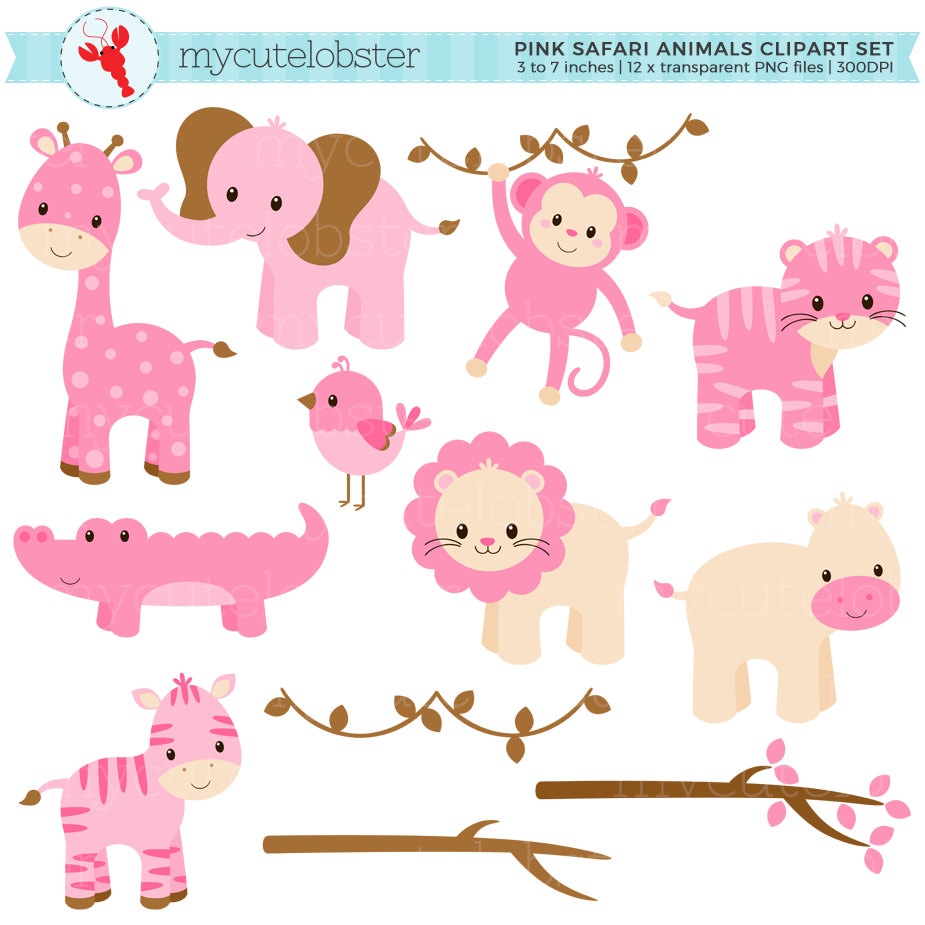 Pink Safari Animals Clipart Set lion crocodile hippo