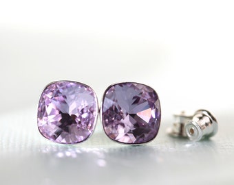 Violet crystal stud earrings, Swarovski cushion cut 10mm square, sterling silver, gift for her, 25 and under, free shipping in CANADA, post