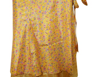 Women's Beach Wrap Skirt Two Layer Reversible Short Wrap Around Silk Sari Skirts
