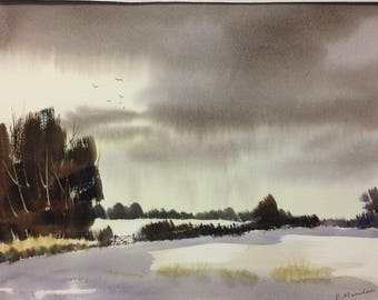 Original Watercolor Landscape Painting - Snow Day