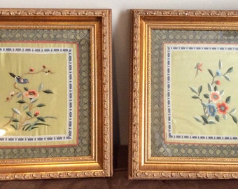 Vintage Silk Embroidered Framed Wall Hangings Set of 2