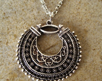 Bohemian Tibetan Silver Filigree Crescent Necklace