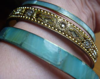 vintage stacking bangles, three stacking bracelets, turquoise and bronze