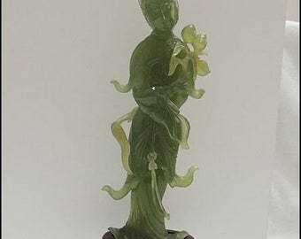 Antique 1900s Trinkets Pure-Hand-Emerald-Jadeite-Carving-Kwan-yin-Guan-Yin-Vase-Lotus-Flower-Guanyin Quan Yin buddha Statue
