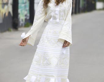 Linen Embroidered Blouse and Skirt Vyshyvanka. Ukrainian Vyshyvanka Set, Folk Traditional Clothes, Geometric Pattern. Midi Ukrainian Skirt
